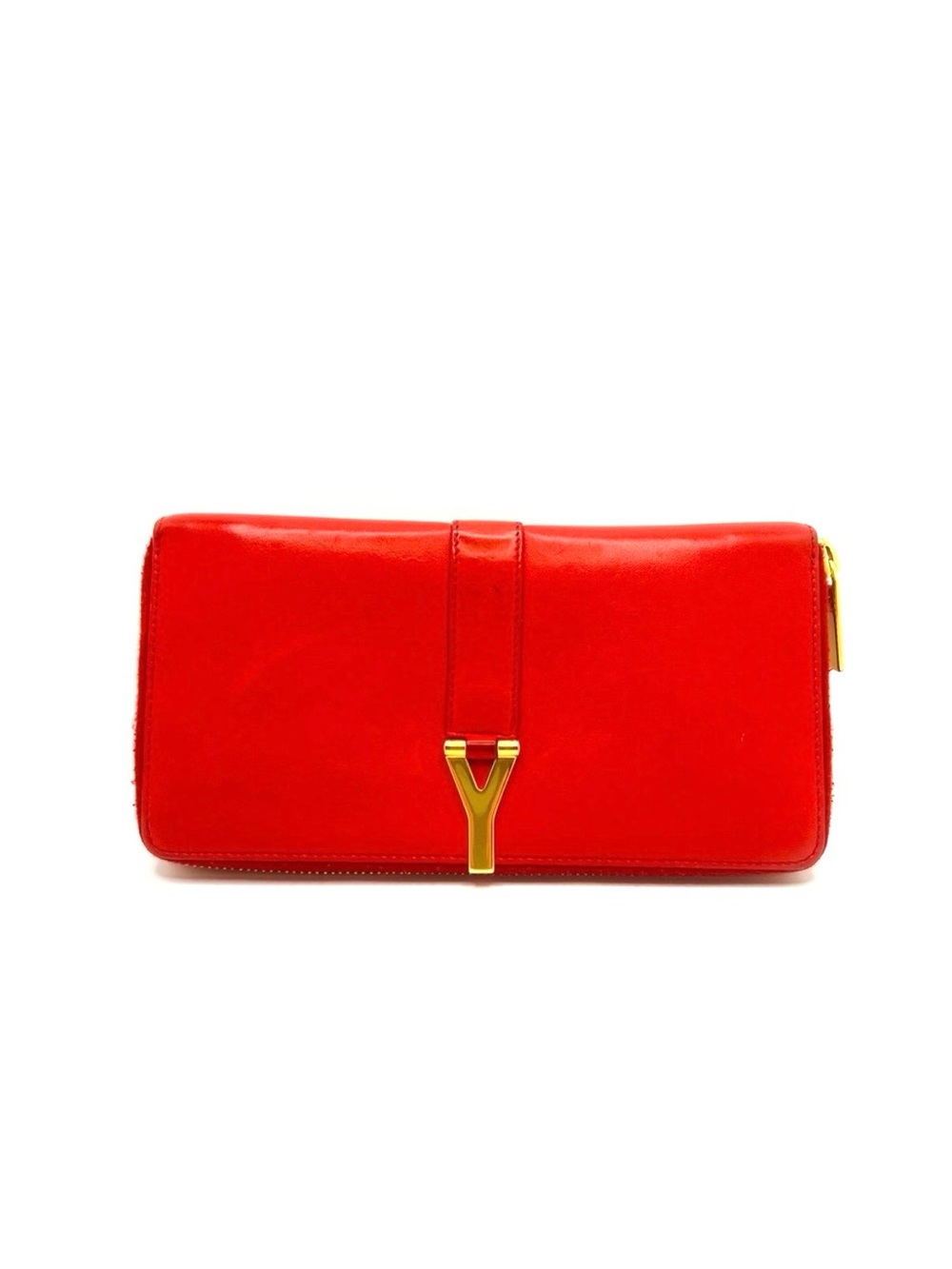 Authentic SAINT LAURENT YSL Calfskin Red Leather Zip Long Wallet